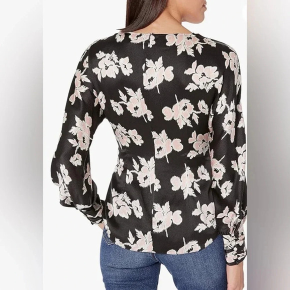 NWT Cinq à Sept Yesenia Floral Tie-Front Silk Blouse Black/ Blush Pink - Picture 6 of 11
